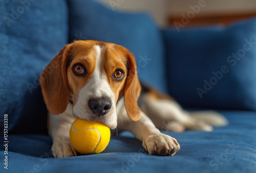 Beagle Puppy Relaxes on Couch With a Yellow Tennis Ball During Afternoon Light