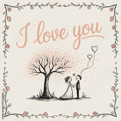 Eternal Pledge: A timeless illustration of a couple standing beneath a blossoming tree and the words I love you, embodying an enduring vow of love and commitment.