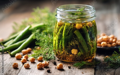 Homemade Pickles With Chickpeas and Fresh Herbs Set on a Wooden Table