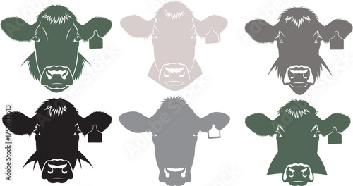 Six abstract stylized cow heads showing different color variations for farming agriculture vector