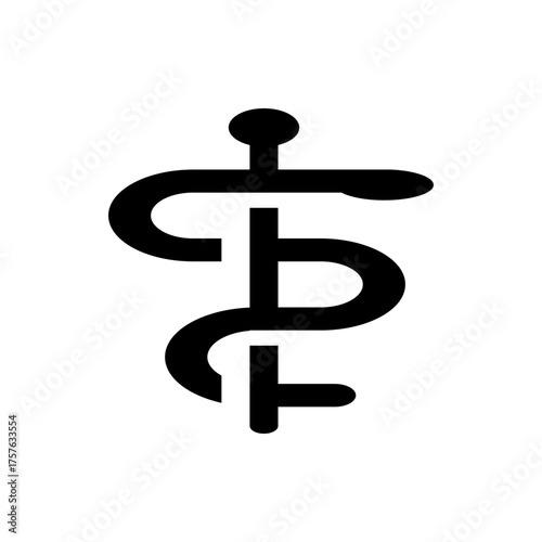 Black and white medical symbol featuring a staff with a snake coiled around it in a simple graphic style