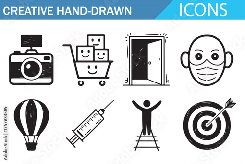 Playful Hand-Drawn Icons Including Smiley Faces, Cart, Camera, and More