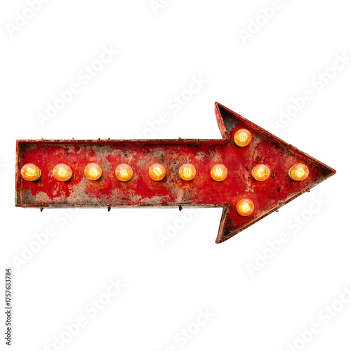 Vintage illuminated red arrow sign with glowing bulbs pointing right classic retro decor element