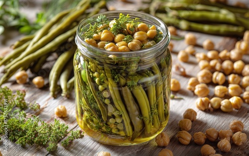 Fresh Green Beans and Chickpeas in a Jar With Herbs and Spices Ready for Pres...