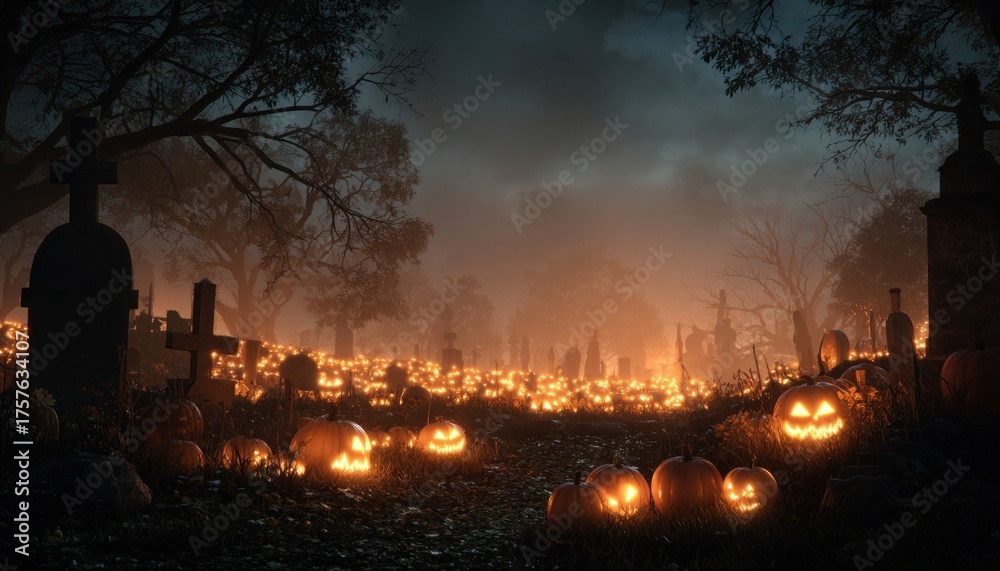 Obraz premium Halloween zombie scene with glowing pumpkins, spooky graveyard