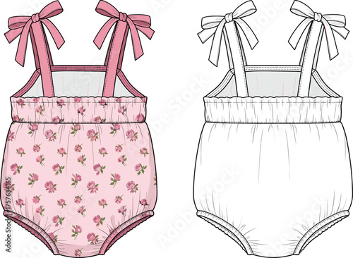 Baby romper fashion illustration, pink floral pattern, bow strap design, children clothing template, garment construction sketch, toddler apparel vector, cute outfit drawing