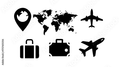 Black and white travel icons depicting map location suitcases and airplanes for global destinations