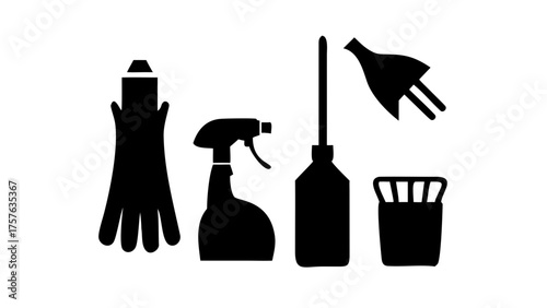 Illustration of cleaning supplies including a glove spray bottle and other cleaning items