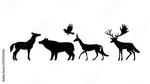 Silhouette illustration of a deer, boar, bird, and stag in a wildlife scene on a white background