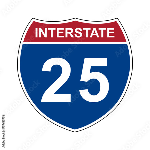 Interstate 25. Interstate highway sign. Road number. Signpost indicating route numbers in the U.S. Interstate Highway System. Even numbers run west to east. Odd numbers run north to south.