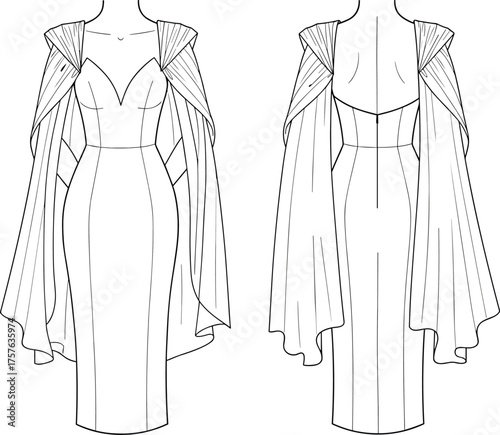 Elegant formal evening gown illustration, fashion technical sketch, sweetheart neckline dress, pleated cape overlay, low back design, luxury couture style