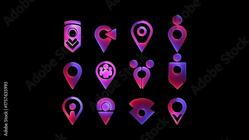 Navigational Icon Animation: A collection of various location pin icons, each with a unique design and colored with purple and red gradients, ideal for mapping and direction representation.