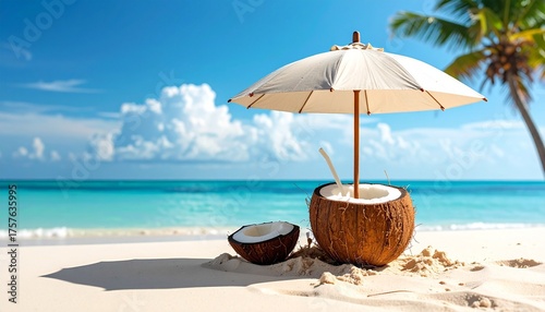 Wallpaper Mural Split coconut with straw and umbrella on tropical beach, turquoise ocean and blue sky evoking vacation bliss. Torontodigital.ca