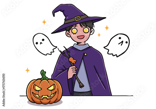cheerful  man dressed as a wizard celebrates Halloween with friendly ghosts and a pumpkin Vibrant colors and a playful illustration style create a festive mood Perfect for seasonal marketing!