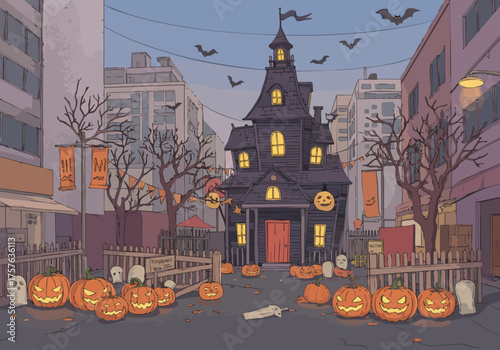 charming Halloween scene featuring a spooky Victorian mansion decorated for the holiday Pumpkins bats and banners create a festive atmosphere Perfect for autumn Halloween or seasonal marketing