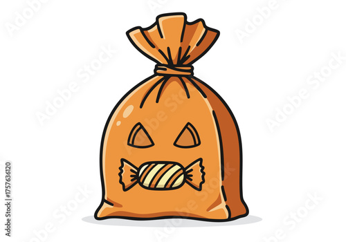 A cheerful candy treat bag with a smiling face holds sweets. Perfect for Halloween or party themes. Bright, playful illustration.