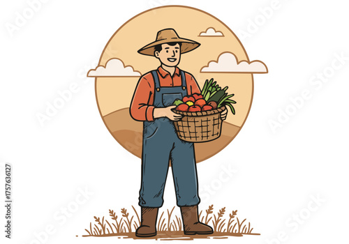 A cheerful farmer proudly displays a basket of fresh vegetables under a sunny sky. Rustic illustration style, perfect for harvest themes and agricultural marketing.