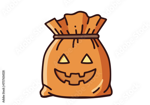 A cheerful candy treat bag with a pumpkin face. Simple, bright, and perfect for Halloween illustrations and designs. Clean lines and a vibrant color scheme.
