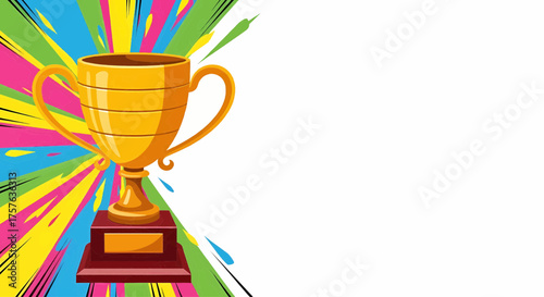Golden award trophy cup for the winner's victory, a success celebration on a pop art background