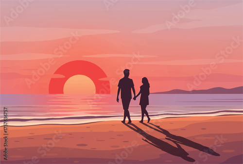 Couple walking on the beach at sunset with romantic ocean landscape