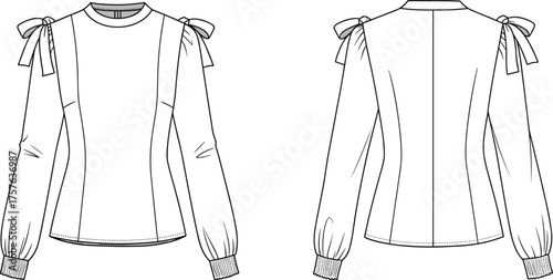 fashion illustration, women top design, long sleeve blouse, shoulder bow detail, ribbed cuff, fitted silhouette, garment template, technical drawing, apparel sketch, clothing design, couture fashion