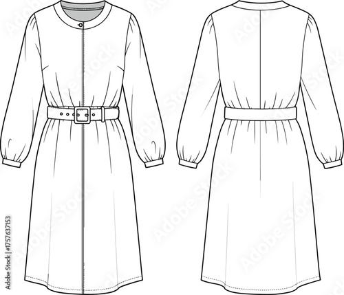Fashion flat sketch, women dress design, belted midi dress, long sleeve garment, technical clothing drawing, apparel vector illustration, front back view template