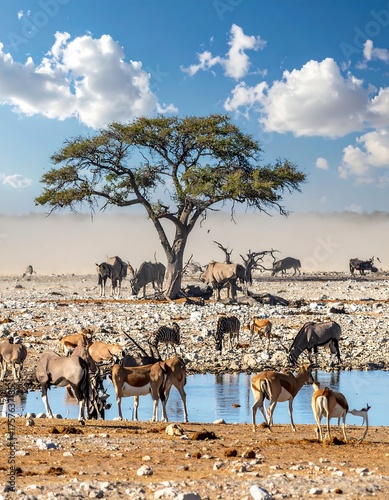 African savanna scene featuring wildlife and an iconic acacia tree