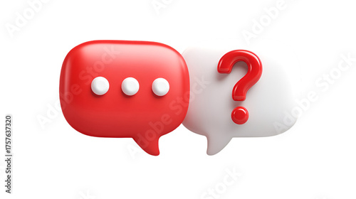 A three dimensional illustration of a red chat bubble with an ellipsis and a white bubble with a question mark symbolizing communication