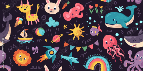 Cute kid crayon seamless pattern. Hand drawn doodle child elements, rainbow, animals, rocket. Vector chalk background. Kids doodle crayon pattern for wrapping paper, wallpaper, kindergarten design