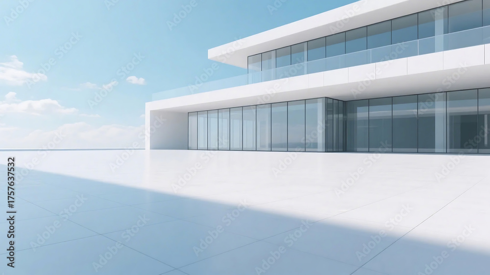 Obraz premium A modern white building with large glass windows stands under a clear blue sky, featuring a minimalist and sleek design.