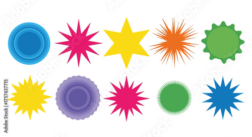 Assorted vibrant vector shapes a collection of colorful starbursts, round badges, and unique decorative elements perfect for graphic design projects, awards, and promotional stickers