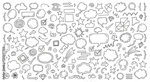 Diverse Hand-Drawn Doodle Elements Collection with Speech Bubbles, Arrows, Stars, and Frames, Perfect for Creative Graphic Design Projects and Dynamic Visual Communication
