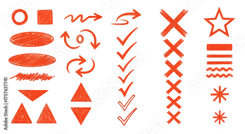 Collection of Hand-Drawn Sketchy Graphic Elements for UI Design and Annotation, Featuring Scribbled Arrows, Checkmarks, Crosses, and Basic Shapes in Red and Black Styles