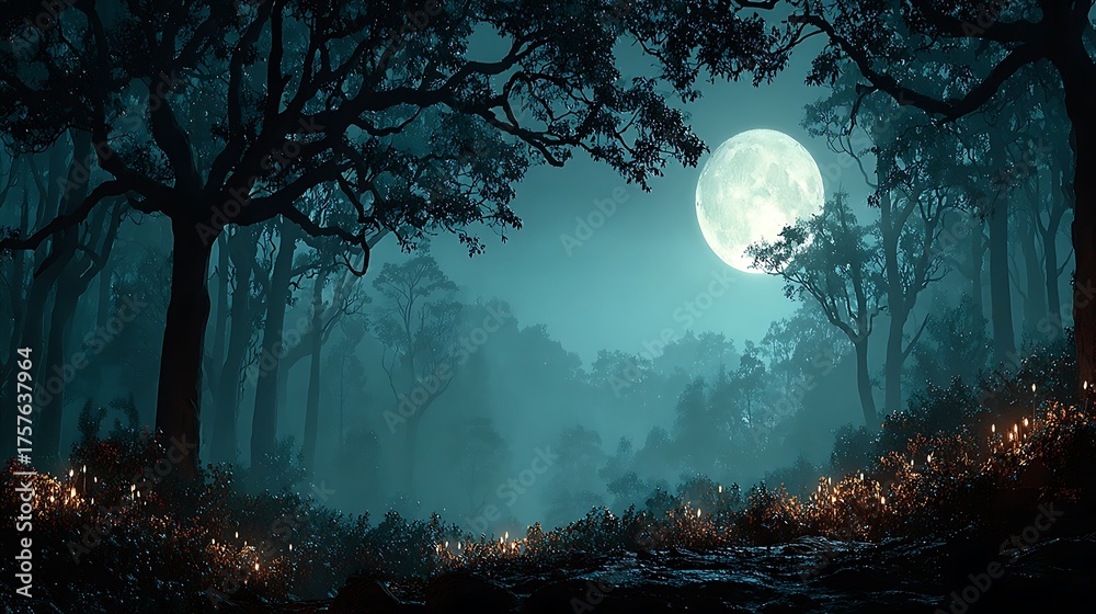 Naklejka premium Enchanted Forest Illuminated by a Full Moon on a Misty Night