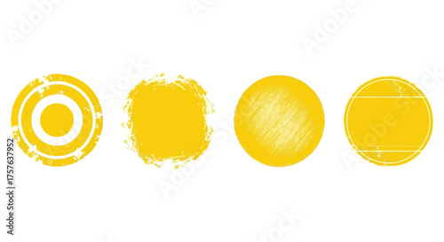 Collection of four vibrant yellow distressed circular graphic elements with various grunge textures and abstract patterns, ideal for unique badges, labels, or decorative design accents