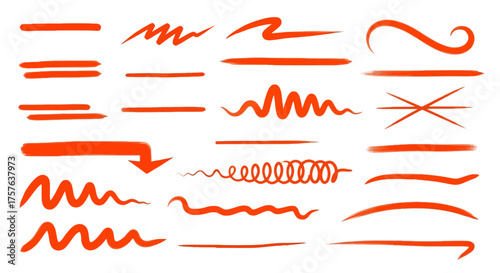 Diverse set of hand-drawn red doodle lines, underlines, arrows, and expressive brush strokes, perfect for emphasizing text, highlighting notes, or adding an artistic touch to designs