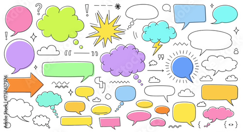 Vibrant Hand-Drawn Speech and Thought Bubble Doodle Collection. Diverse Graphic Elements for Creative Communication, Chat, Dialogue, Social Media, Expressive Content Projects