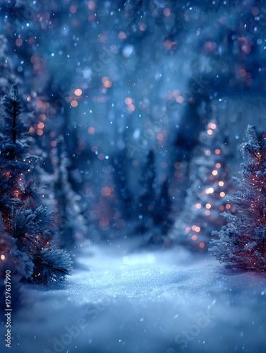 Frosted fir trees with snow flank a sparkling with falling snowflakes and warm bokeh lights, magical winter background for holiday greeting cards