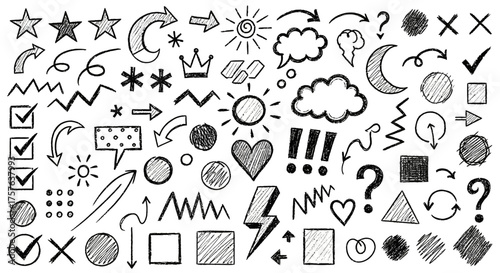 Hand-drawn doodle elements set sketchy arrows, stars, hearts, suns, clouds, and speech bubbles for creative design accents