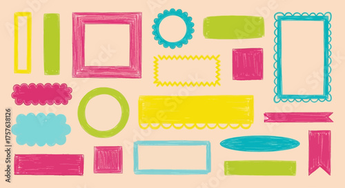 Vibrant Hand-Drawn Frame Collection Playful Borders and Decorative Elements in a Crayon Sketch Style for Creative Design Projects and Digital Art