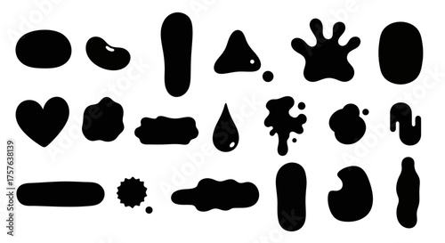 Set of diverse abstract black organic shapes, fluid blobs, and dynamic ink splatter elements. Versatile graphic assets for creative design, backgrounds, and decorative overlays