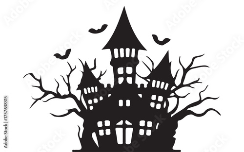 Spooky silhouette of a haunted castle with bats and bare trees