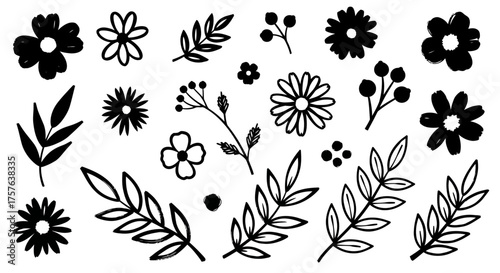 Versatile hand-drawn floral and botanical elements collection, perfect for nature-inspired designs, featuring a variety of simple flower, leaf, and berry illustrations in a charming doodle style