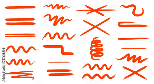 Dynamic collection of red freehand lines, brushstrokes, underlines, strike-throughs, and decorative squiggles, suitable for creative annotations and graphic art projects