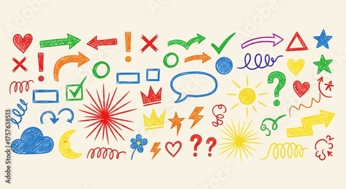 Colorful Hand-Drawn Crayon Doodle Collection of Playful Symbols, Arrows, Stars, Hearts, and Expressive Graphic Elements for Creative Art and Design Projects