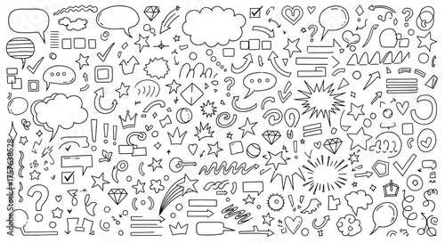 Playful hand-drawn vector doodle collection with speech bubbles, arrows, stars, hearts, and decorative accents for creative graphic design and visual embellishments