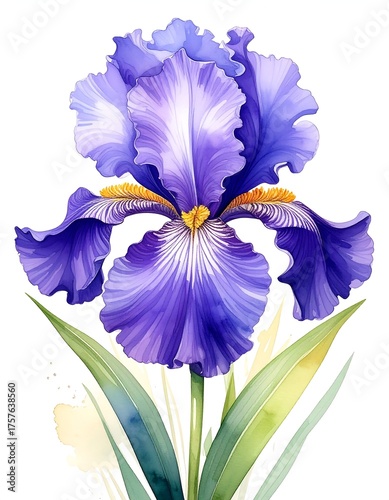 A watercolor style close-up of a vibrant purple Iris flower