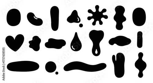 Versatile collection of various black organic and irregular liquid blob shapes, abstract fluid graphic elements suitable for contemporary design, isolated on a clean white background