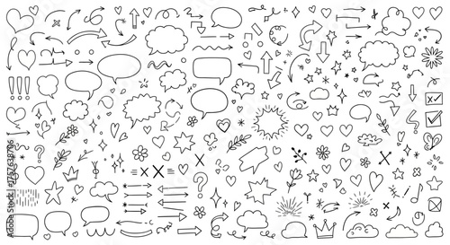 Versatile hand-drawn doodle collection arrows, speech bubbles, hearts, stars, and decorative elements. Ideal for playful, organic graphic design projects