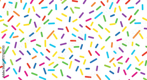 Seamless pattern with vibrant, multi-colored confectionery sprinkles scattered across a crisp white background, perfect for festive designs, sweet themes, and playful celebrations